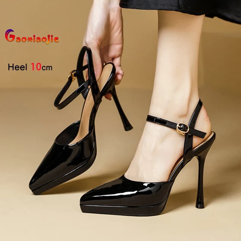 Sandali Baotou in pelle verniciata nera per donna, tacco sottile 10 cm, cinturino alla caviglia, punta a punta, classici, scarpe da ufficio estive.