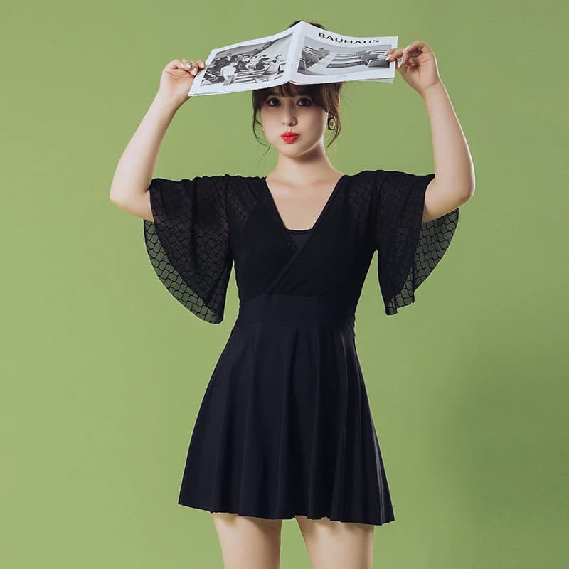 Large Size Swimwear Women One Piece Bottom Swimsuit With Skirt Floral Swimming Suit Short Sleeve Beachwear Hot Spring