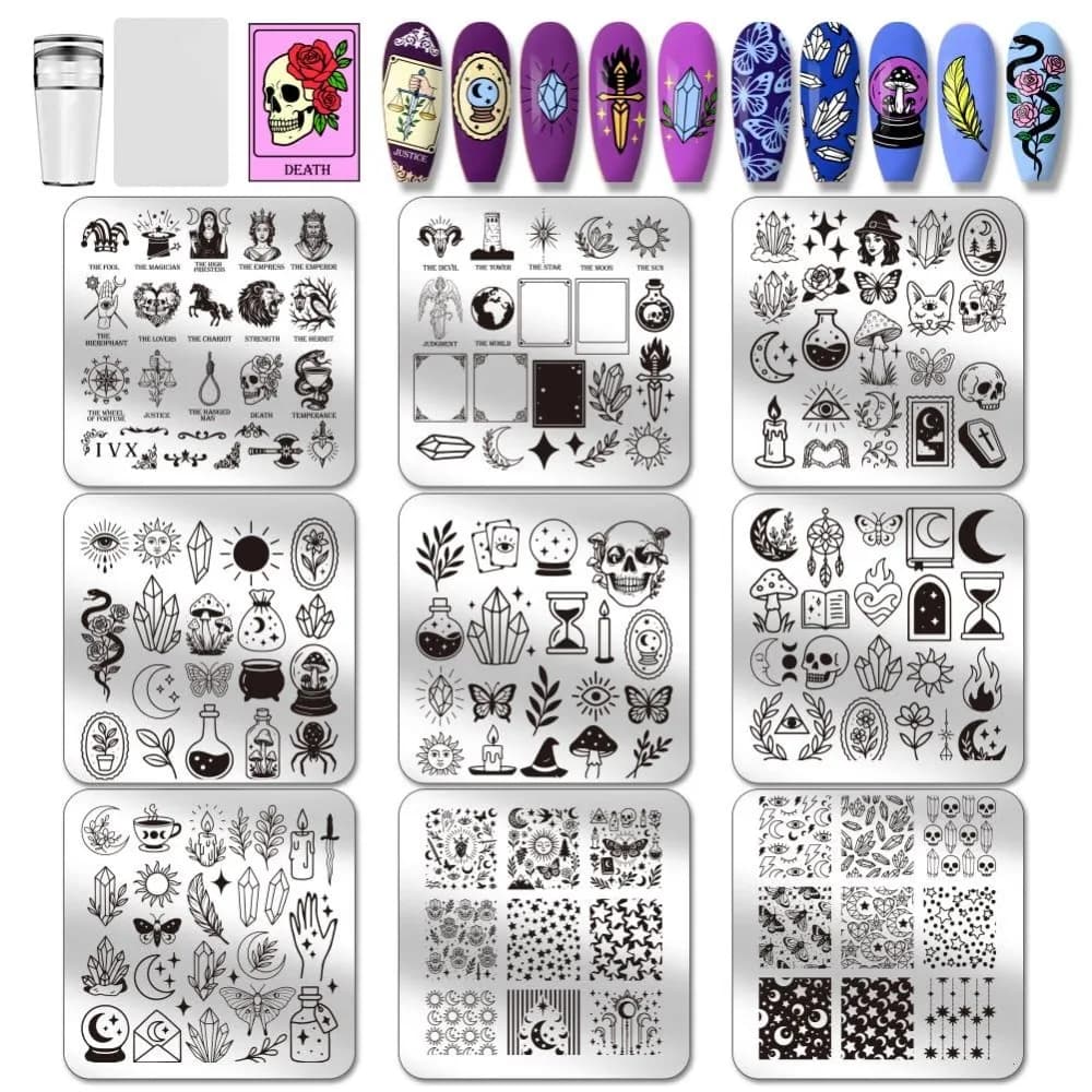 9pcs Magic Elements Nail Stamping Plates Tarot Cards Nail Art Designs Moon Star Manicure Art Templates Ball Nails Design Stencil