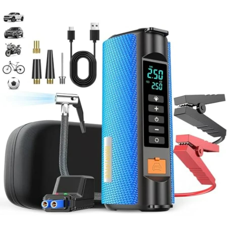Avviatore d'Emergenza per Auto 2500A 12V con Compressore d'Aria 150PSI, Gonfiatore Portatile per Pneumatici, Illuminazione LED Multifunzione, Caricabatterie