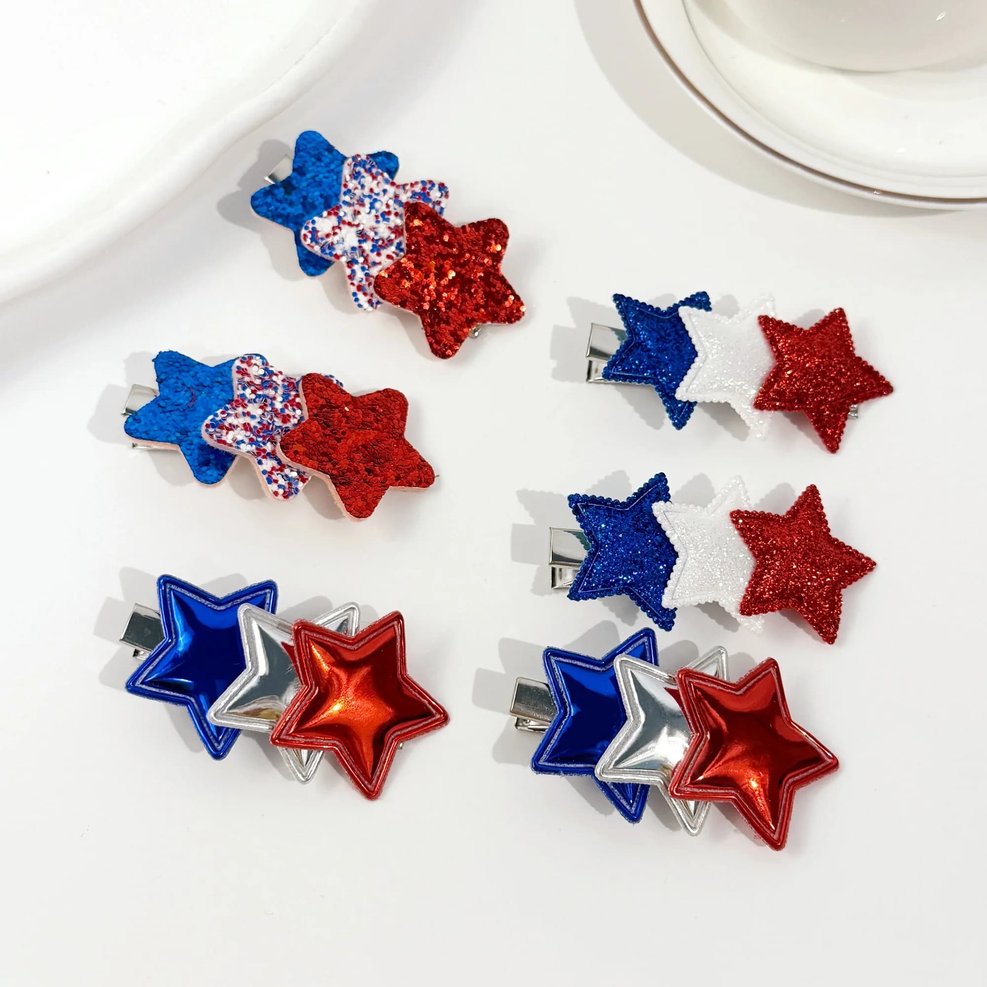 6pcs Girls Glitter Star Hair Clips USA Independence Day Hair Barrettes Clips PU Star Hairpins Hair Accessories