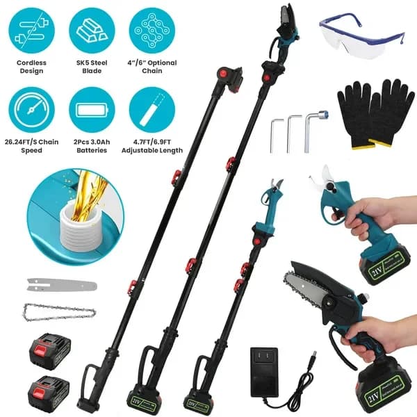 4 in 1 battery pruning shears and electric chainsaw, 5.5 feet extension poles, 4'/6' pole saw, SK5 blade, 2 3.0 Ah batteries