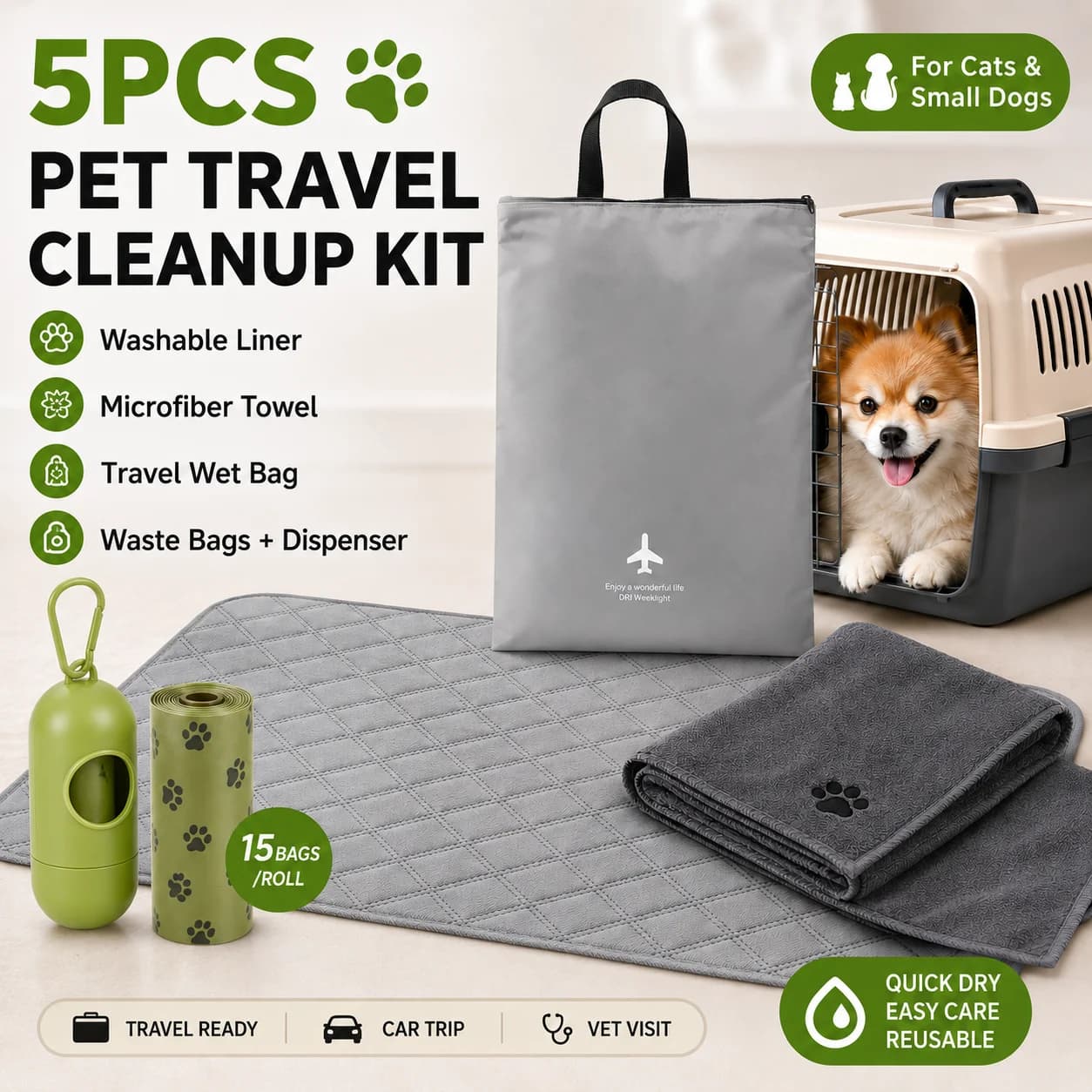 5pcs Pet Travel Cleanup Kit Washable Carrier Liner Microfiber Towel Wet Bag Waste Bags Dispenser for Cats Small Dogs Car Vet
