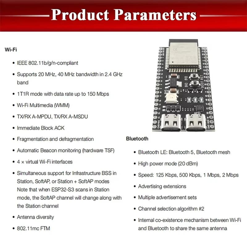 Scheda di Sviluppo ESP32-S3 con Modulo WiFi 2.4G per Arduino ESP IDF ESP32-S3 N8R2 N16R8 44Pin Type-C 8M PSRAM ESP32 S3