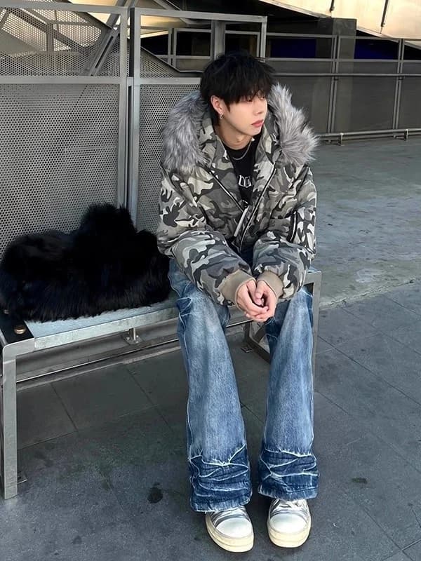 Men's Camouflage Cotton Jacket with Fur Collar Cleanfit Hip Hop High Street Style Winter Warm Long Sleeve Hooded Coat
