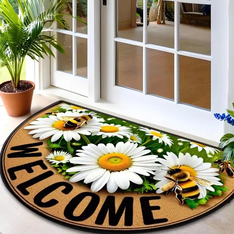 Tappeto Semicircolare 2D con Ape e Fiori, Tappeto per Soggiorno e Camera da Letto, Stile Vintage Etnico con Stampa di Piante Vivaci