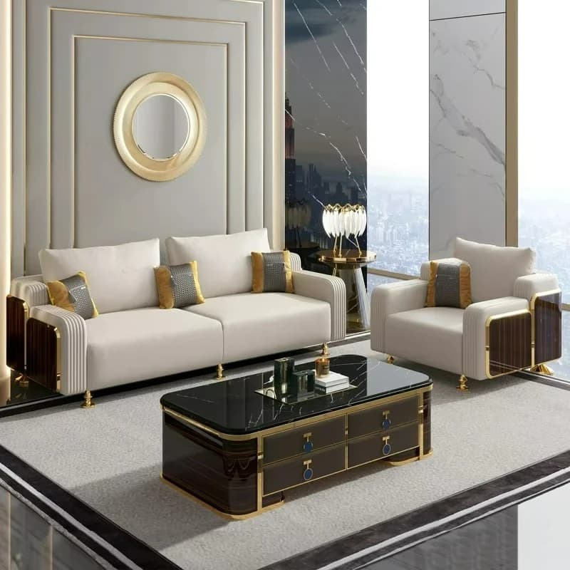 Set di Divani Personalizzati con Gambe in Acciaio Inox, Arredamento Moderno e Lussuoso per Soggiorno, Divano in Pelle Pura Grigia