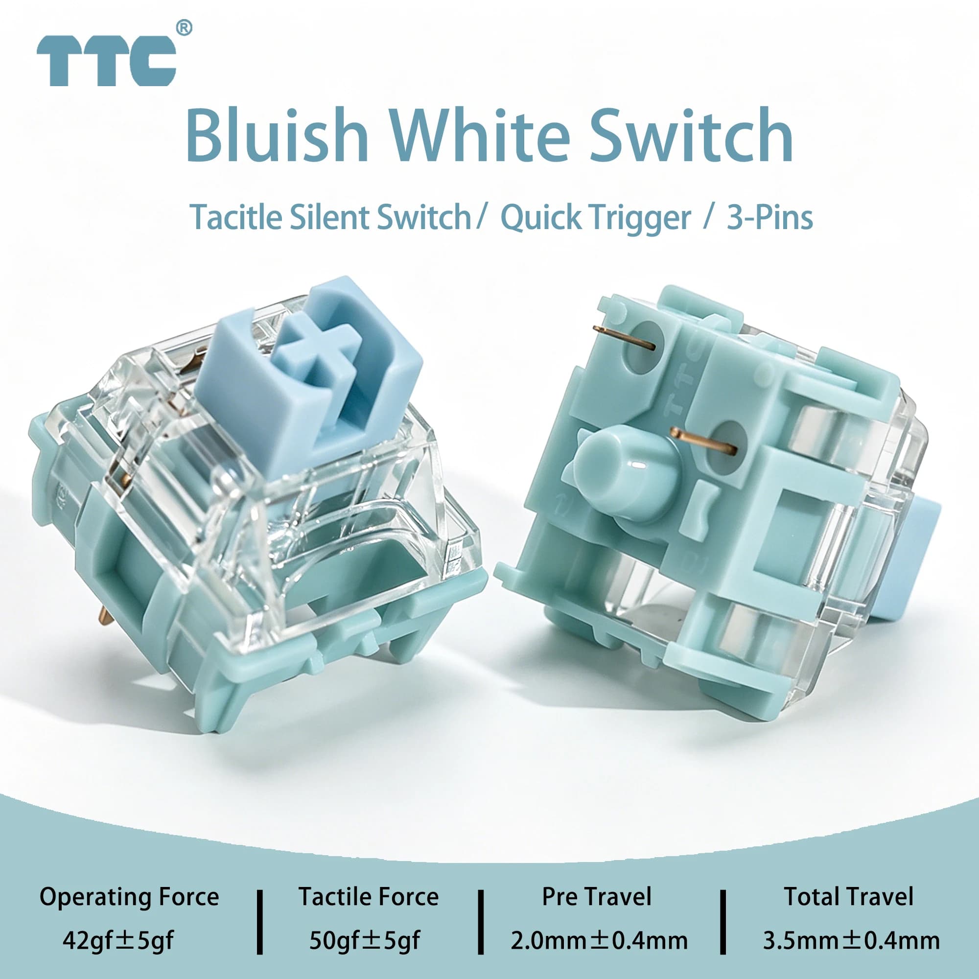 Interruttore silenzioso TTC Bluish White 42gf, interruttori tattili cremosi MX, antipolvere, 3 pin, RGB personalizzabile per tastiera meccanica da gaming.