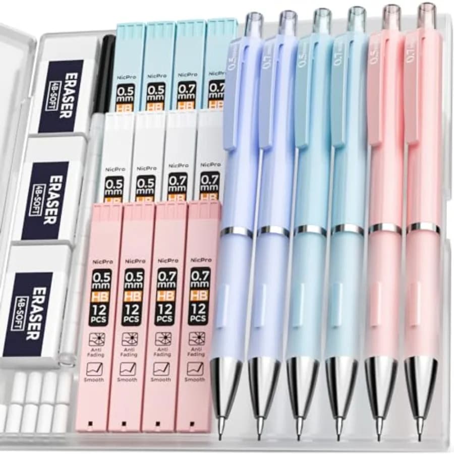 6PCS Pastel Mechanical Pencil Set with Case, 0.5 and 0.7 mm Cute Pencils with 12 tubes HB Lead Refills, 3 Erasers, Eraser Refil