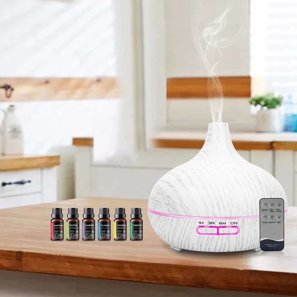 Diffusore di oli essenziali e umidificatore d'aria con venature del legno da 550 ml - Diffusore di aromi ad ultrasuoni con telecomando, 6 oli, spegnimento automatico, silenzioso A