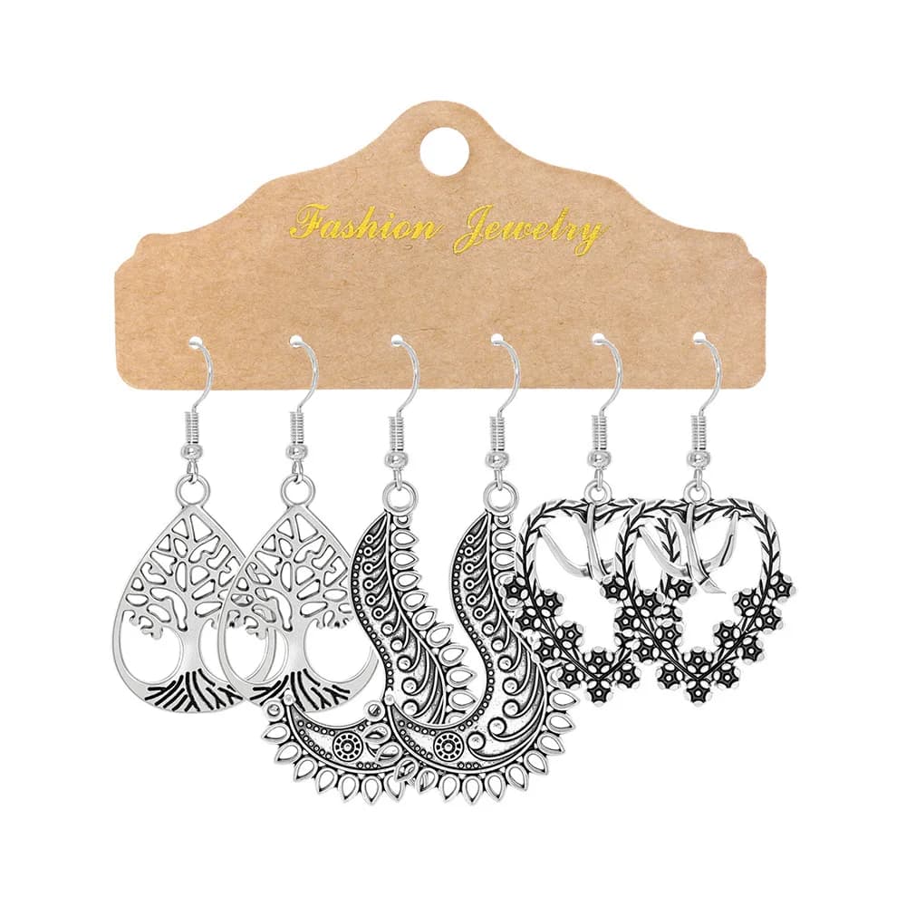 Ethnic New Silver Metal Pendant Earring Set for Women Boho Hollow Dream Catcher Leaves Long Dangle Earrings Girls Party Jewelry