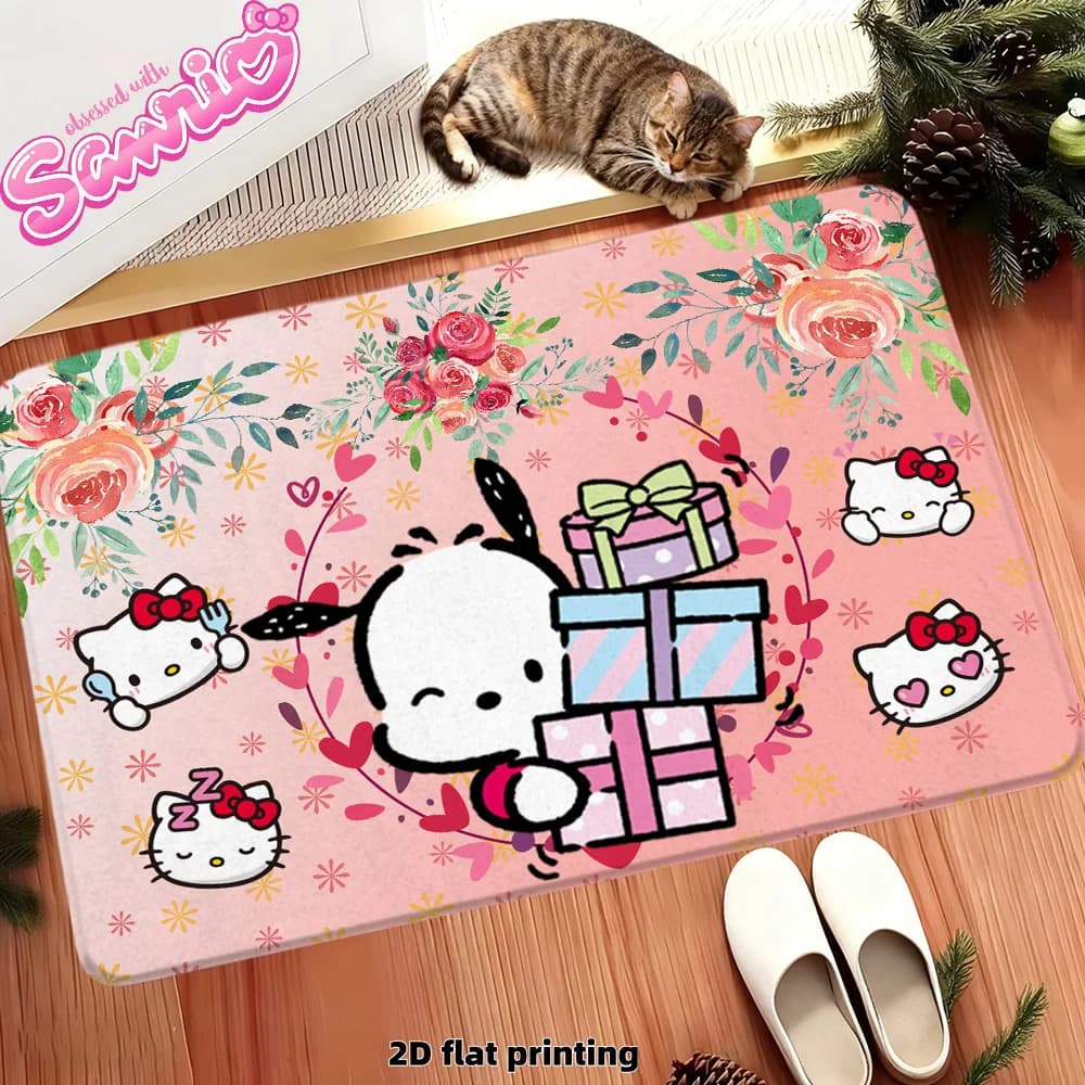Sanrio Pochacco and Hello Kitty Floral Gift Print Non-Slip Absorbent Floor Mat Soft Doormat for Entrance Bathroom Bedroom Home D