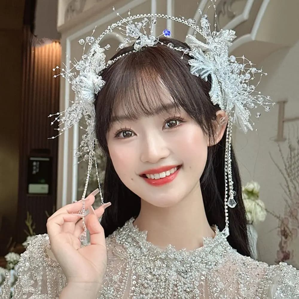 Fairy Bride Crystal Crown Earrings Shining Jeweled Crystal Hair Hoop Tiara Shiny with Ear Clip Wedding Jewelry Set Headdress