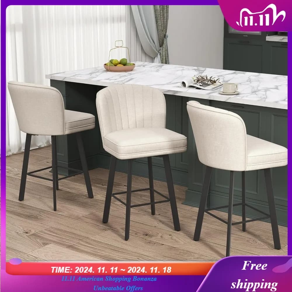Set di 3 sgabelli da bar girevoli ad altezza bancone, sgabelli da bar moderni con schienali e gambe in metallo, sedie da bar imbottite, beige personalizzato