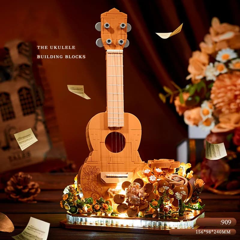 Idea Strumenti musicali Mini blocco Ukulele Musica Movimento floreale Mattoni da costruzione Collezione di giocattoli educativi per ragazze Regalo