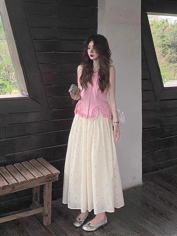 Pink Sleeveless Shirt Dress Women's Early Summer Gentle Style Age-Defying Unique Beautiful Floral Half Skirt Set High Waist A...