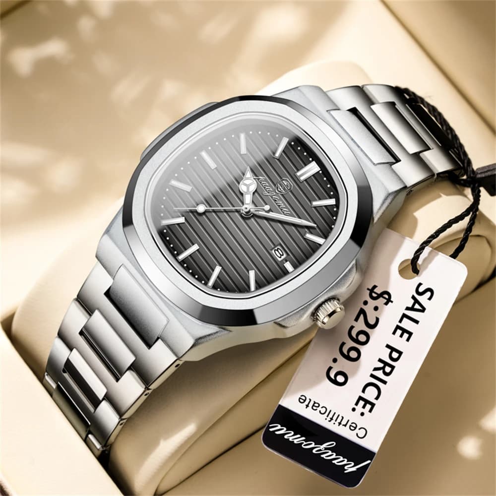 PAAZOMU Luxury Brand Stainless Steel Men's Watch Light Waterproof Men's Calendar Square Quartz Wrist Watch