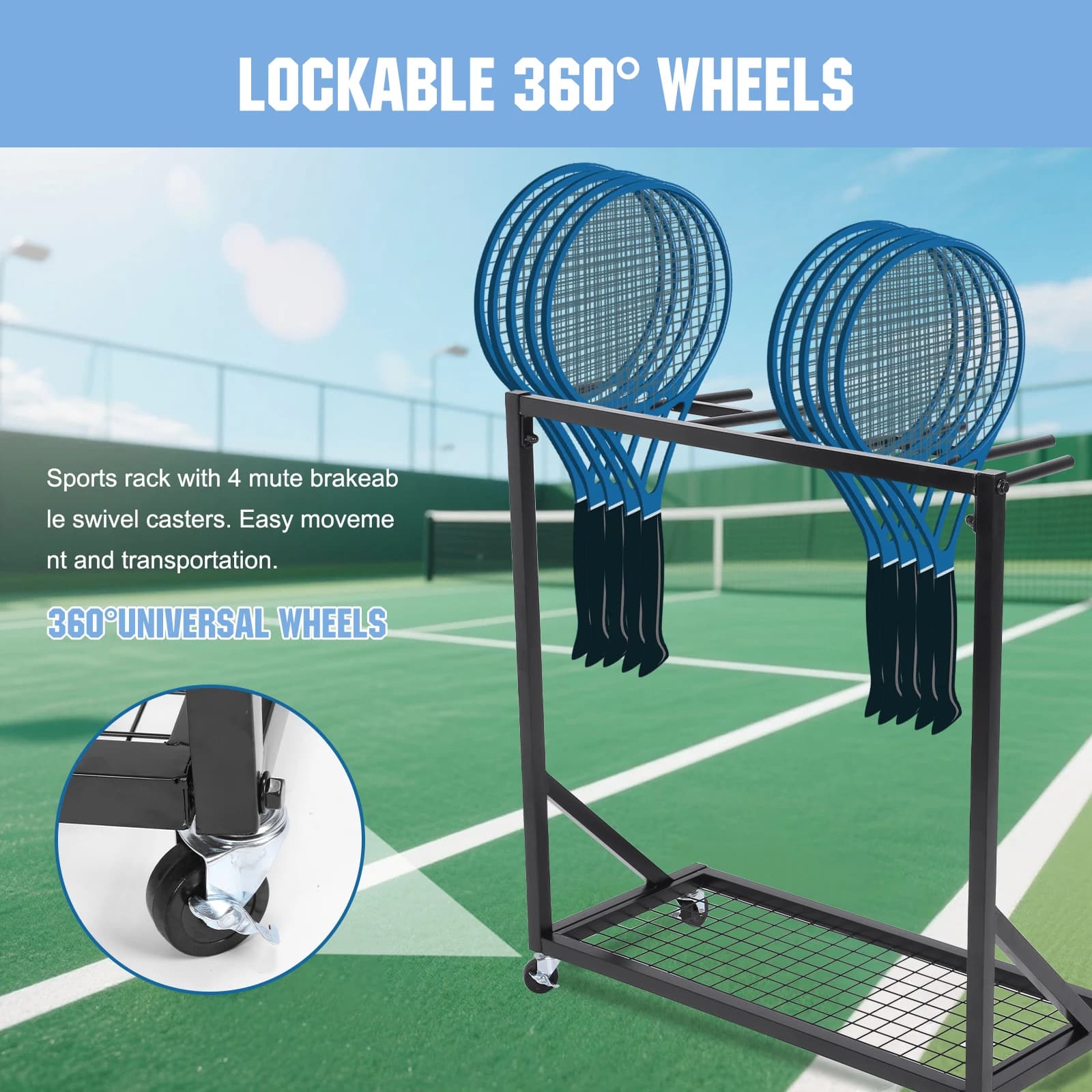 Support for Sports Balls with Wheels, Organizer Tennis Rackets for School/Lead/Level/Length area