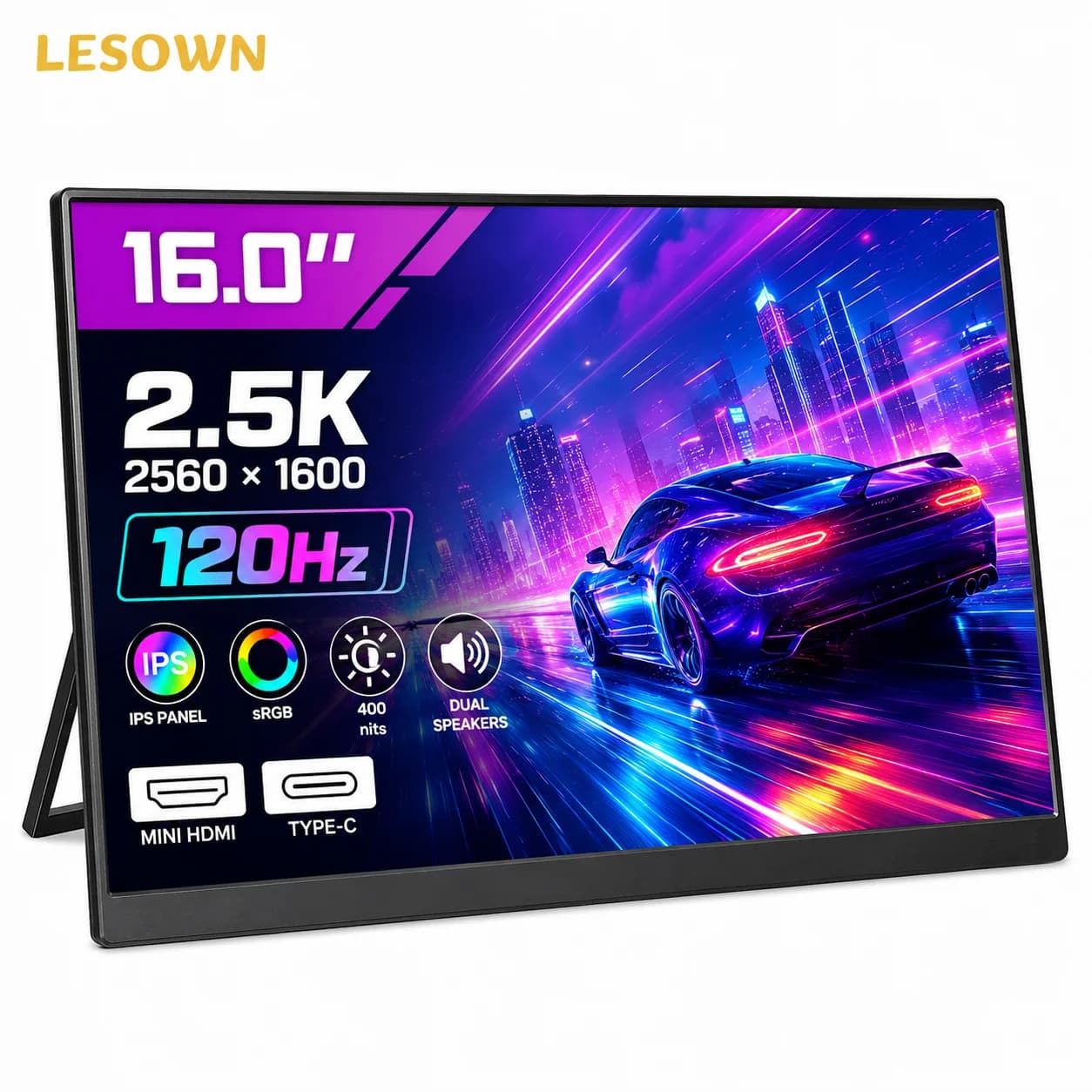 LESOWN 16" 2.5K 120Hz Portable Monitor with Built-in Stand Driver-free External Display 16:10 mini HDTV for Laptop