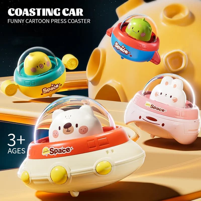 Macchinine giocattolo per bambini UFO, cartoni animati di animali Press and Go Cars per i più piccoli, auto da corsa per animali per bambini, set di veicoli da gioco per neonati