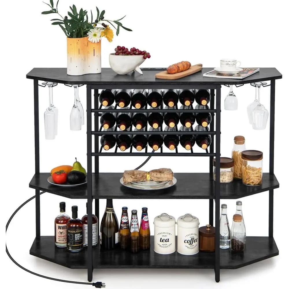 Mobiletto Rustico Grigio a 3 Ripiani per Vino e Liquori con Prese Elettriche, Portabottiglie e Portabicchieri