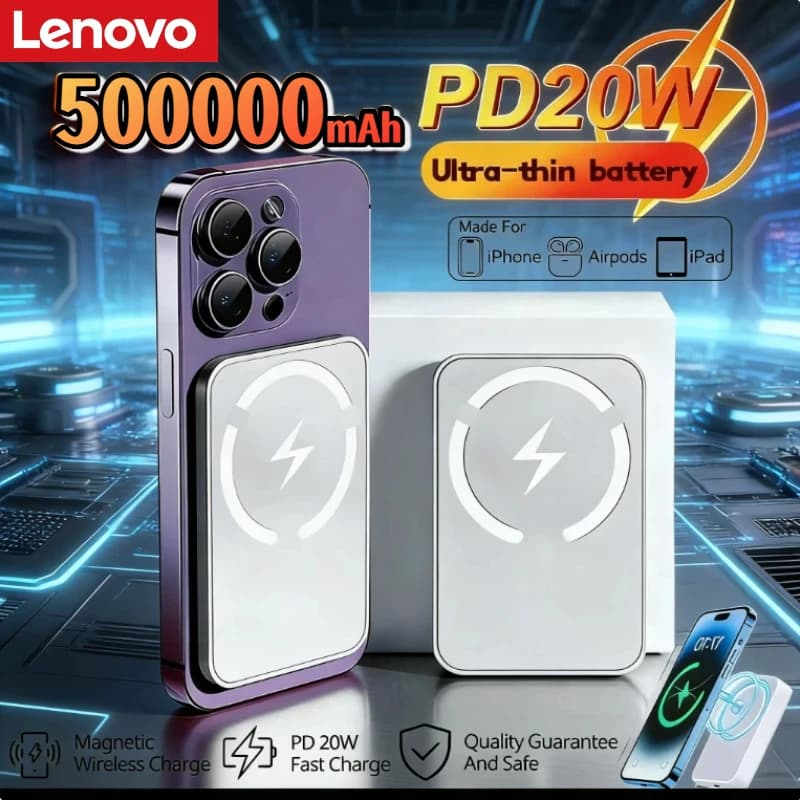 Power Bank Magnetico Lenovo 50000mAh per Caricabatterie Wireless Magsafe, Ricarica Rapida, Batteria Esterna di Riserva per Android e iPhone