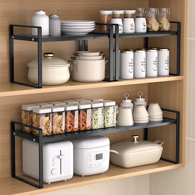 Scaffale organizer da cucina regolabile: ripiano espandibile da appoggio e armadietto per spezie, tagliere, padelle