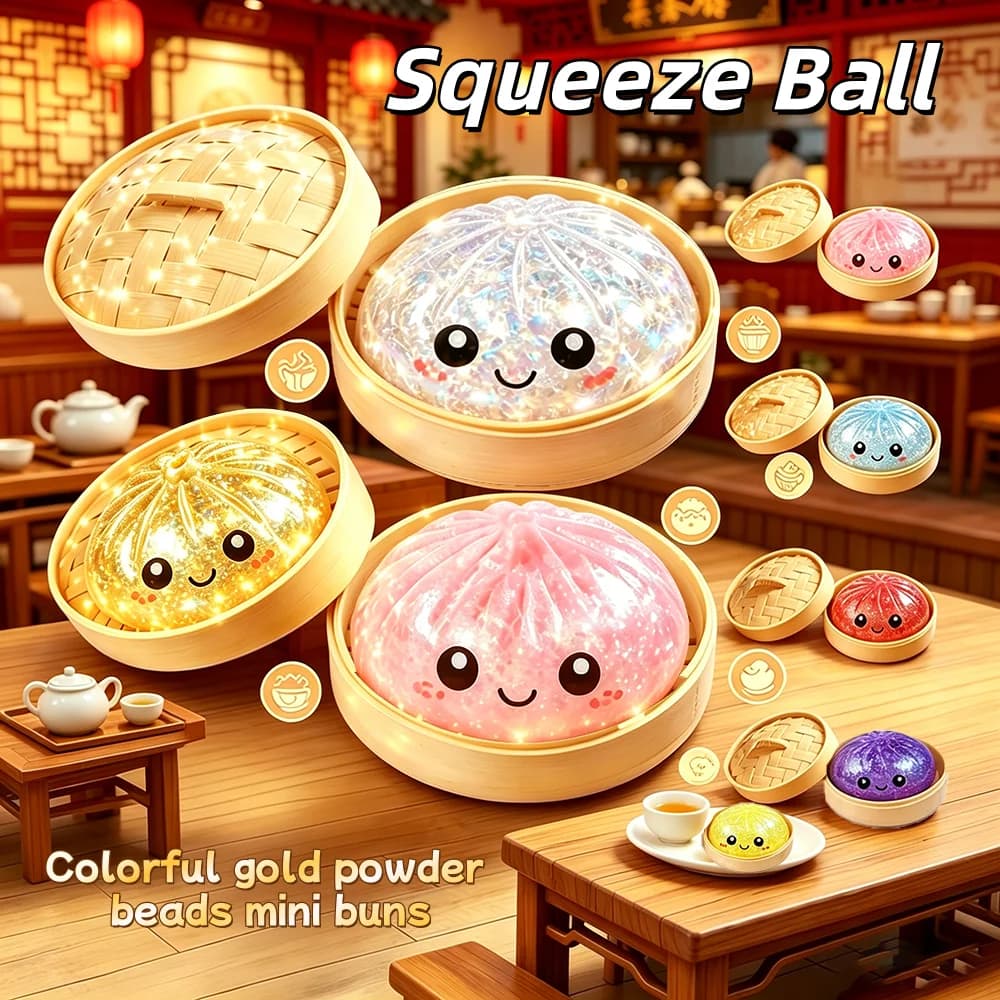 Simulation Glitter Dumpling Squishy with Box Bun Beads Sensory Steamer Soft TPR Dough Ball for Decompression Fidget Toy Gifts