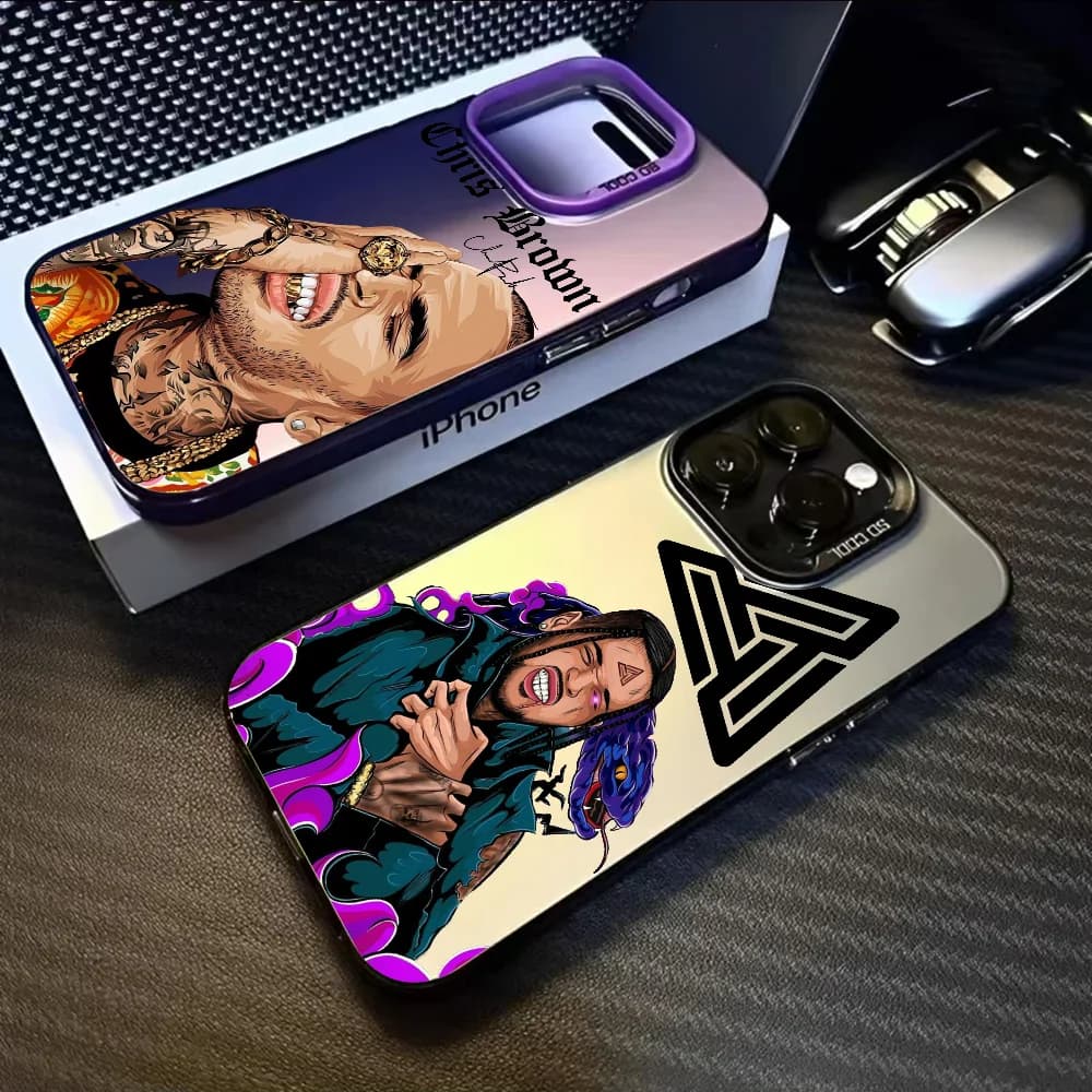 Rapper C-Chris Brown Drawing Phone Case For iPhone 16 15 14 13 12 11 Pro Max Black Purple Matte Laser Metallic Aurora Funda