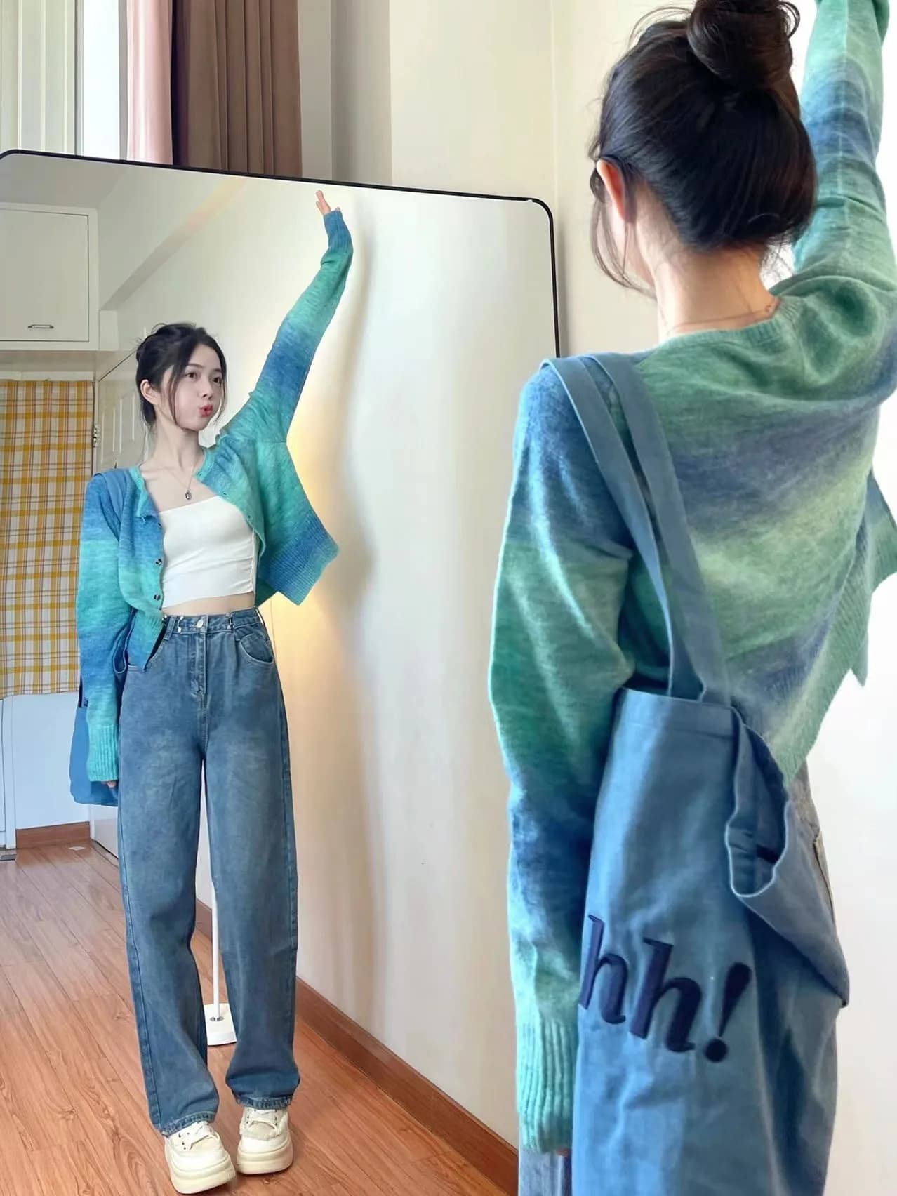 Blue Green Dyed Knitted Open Cardigan Women's Spring Autumn Elegant Short Thin Gentle Personality Sweater Jacket Long Sleeve Top