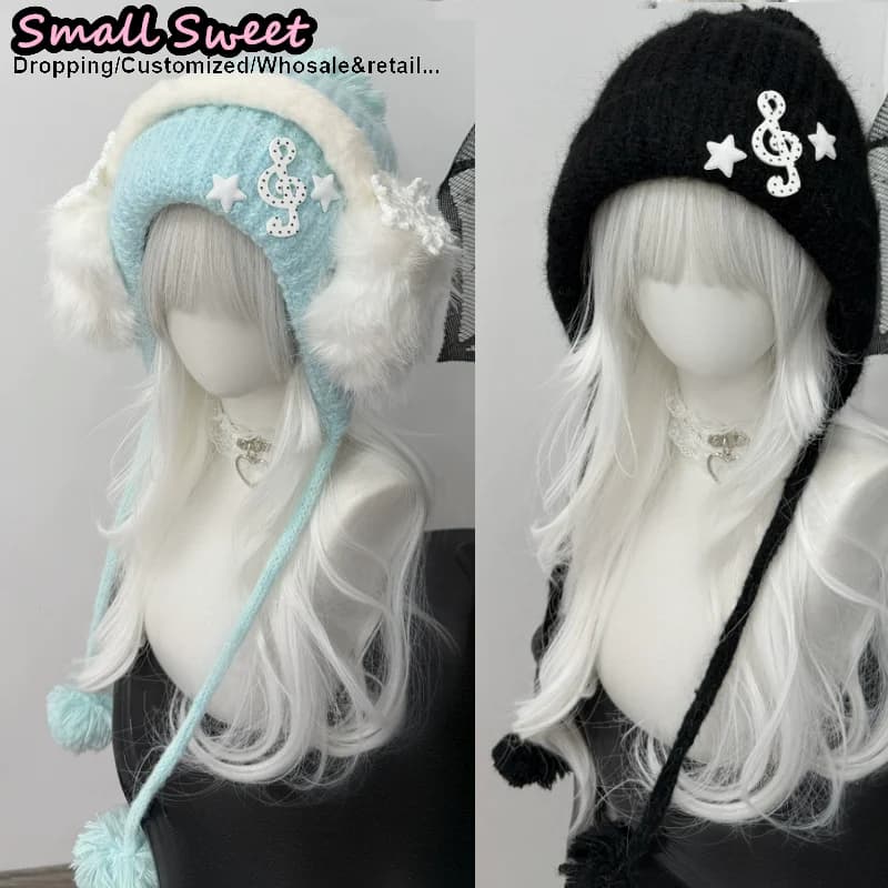 Donne Gotico Lolita Y2K Ragazza Beanie Cappello Nota di Musica Cappello Autunno Inverno Retro Sottocultura Cappello Fiore di Neve Cappelli Tenere al caldo Paraorecchie