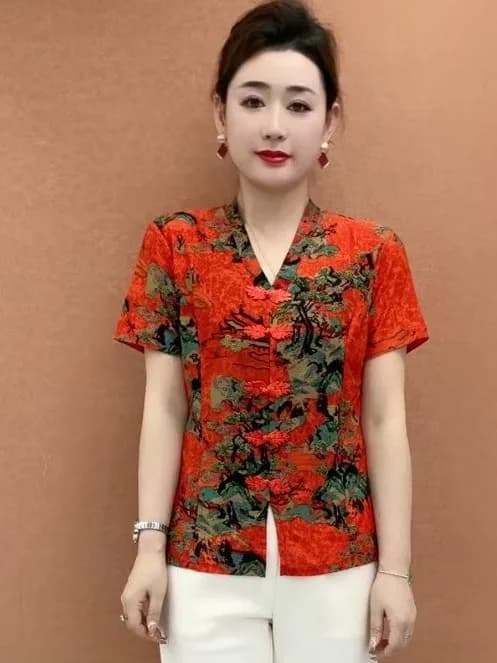 2026 New Mommy Style T-Shirt Printed Short Sleeve V-Neck Elastic Waist Button Detail Polyester Fiber Mid-Aged Women's Top