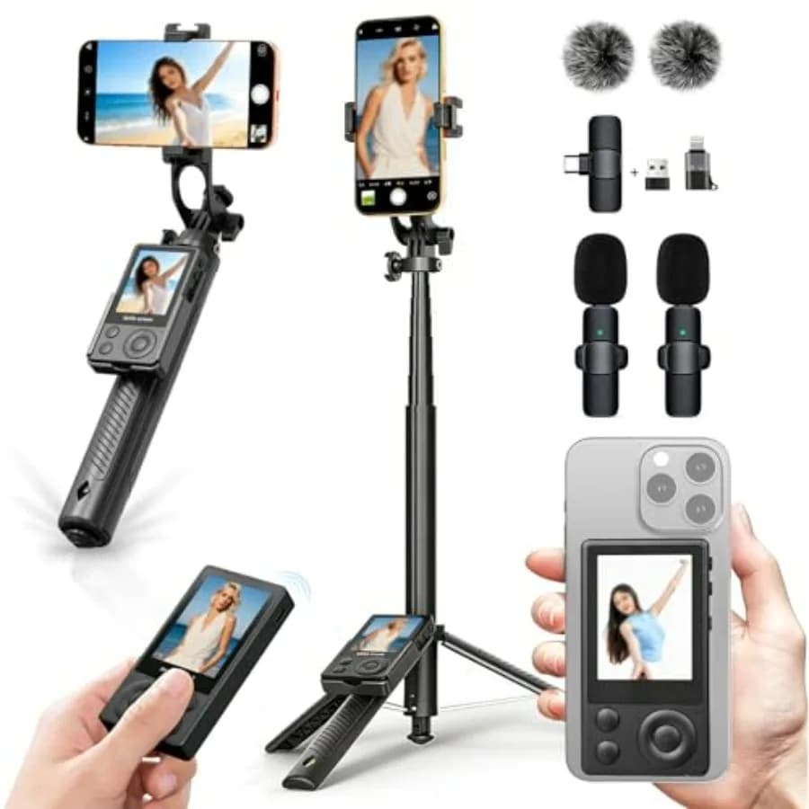 Kit Vlogging Wireless con Monitor per Selfie, Microfono, Treppiede Estensibile da 65 Pollici per Telefono, Bastone Selfie e Monitor Magnetico per Fotocamera 164