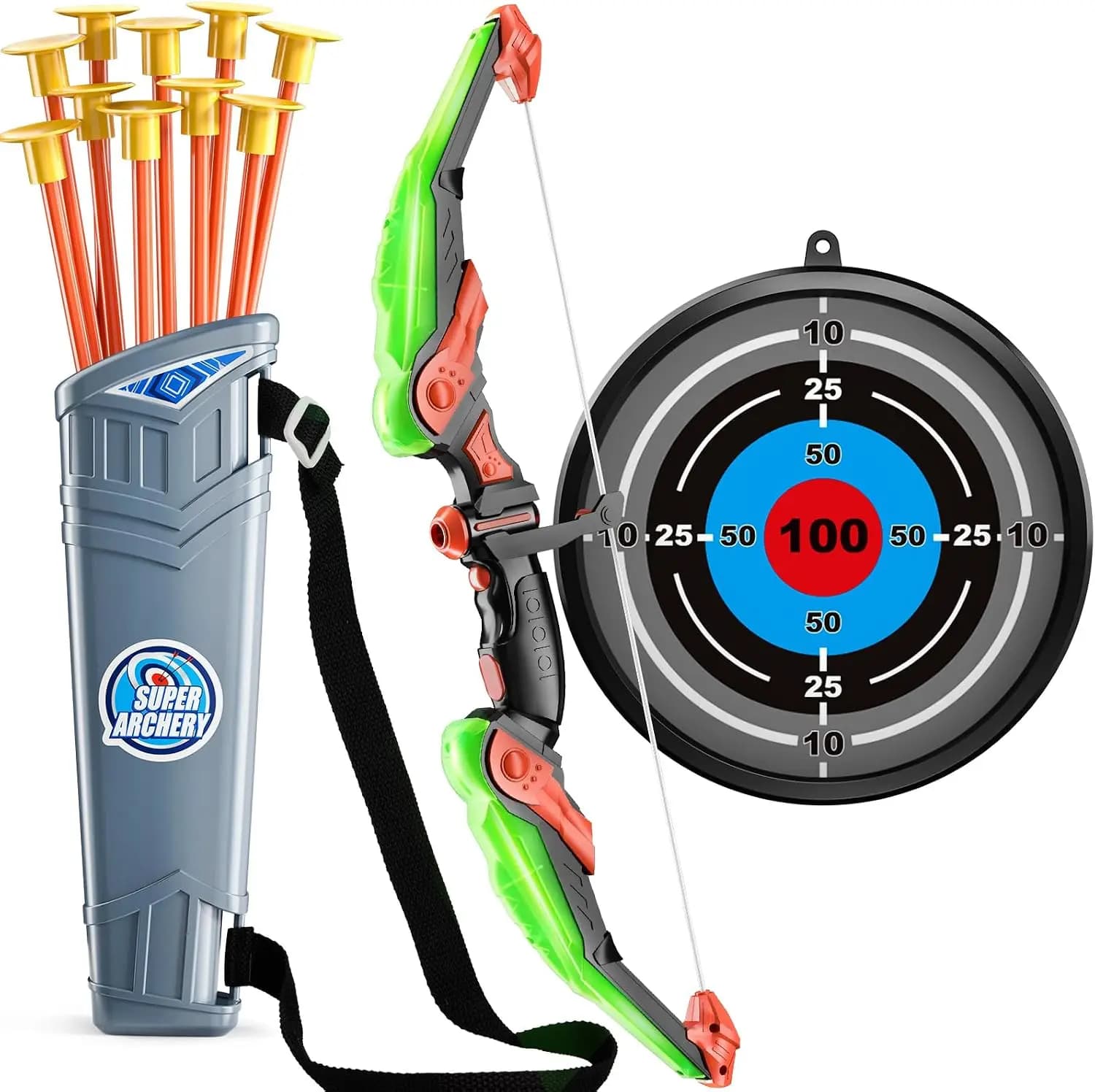 LED Light Up Bow and Arrow Set for Kids, Safe Suction Cup Archery Toy with Target & Quiver, Educational Hand-Eye Coordination Sports Game, Birthday Gift for Boys Girls Indoor Backyard Camping Outdoor Toys