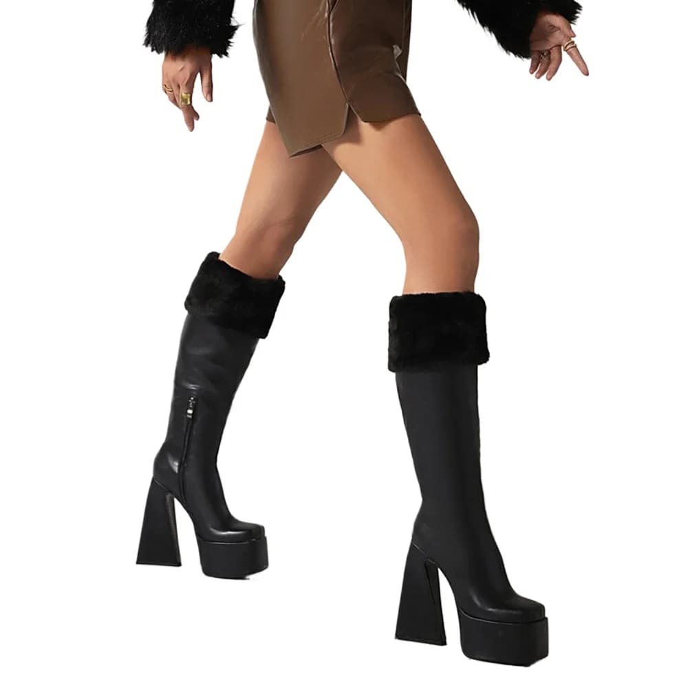 BLXQPYT Knee High Boots Women Winter Plush Warm Thick High Heels Round Toe Party White Brown Long Platform Boots 8-3