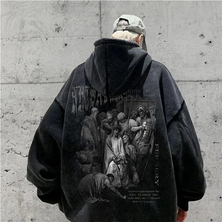 Large Size 300 Pounds American Retro Hoodie Men's Autumn Winter Washed Fleece Lined Printed Jacket Loose Fit Youth Fashion