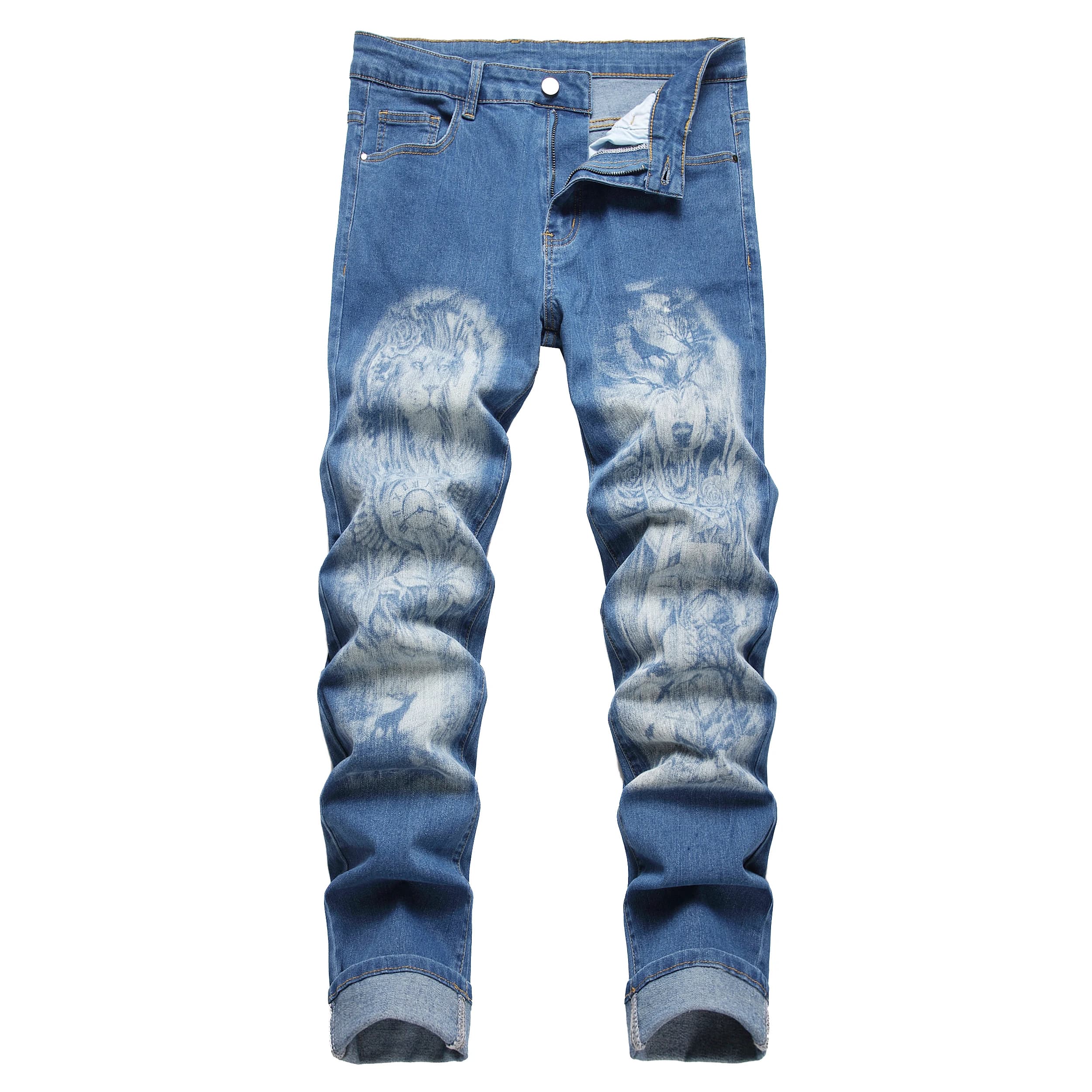 Men's printed trousers; Men's jeans with printed wolf head pattern; Stretch blue jeans90036