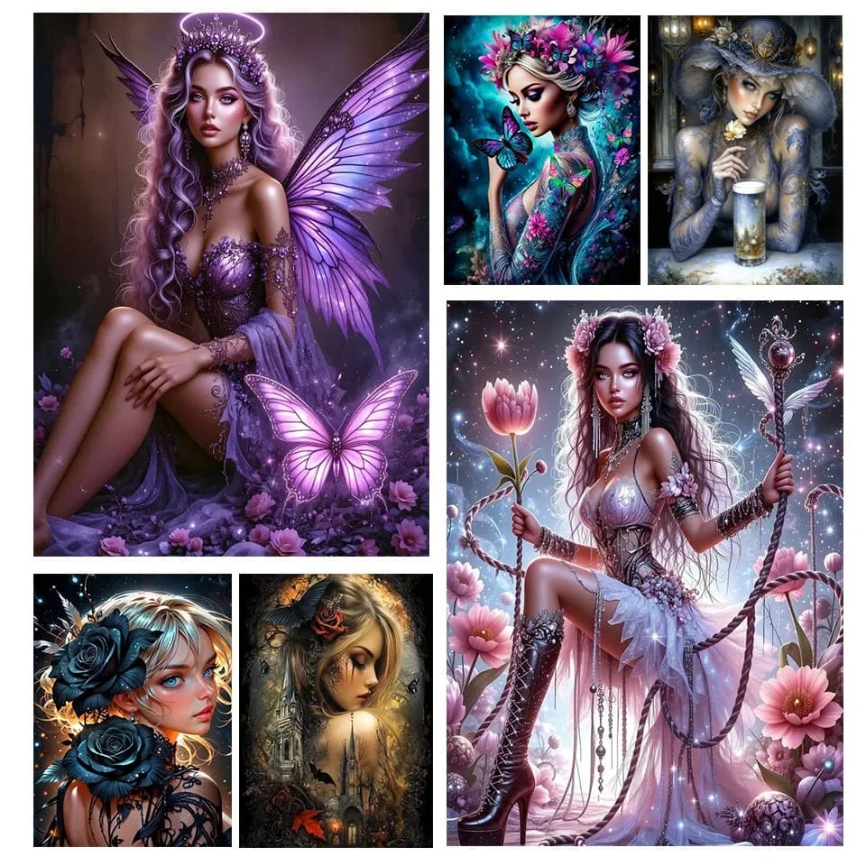DIY 5D Diamond Painting Butterfly Fairy Full Round Mosaic Witch Flower Picture Cross Stitch Kit Art Rhinestone Home Decor Gift