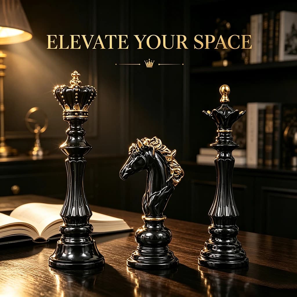 Set di Scacchi Decorativi di Tendenza 2026, Statuette Re Regina Cavaliere in Resina Nera e Oro, Ornamento Moderno di Lusso per Casa e Ufficio