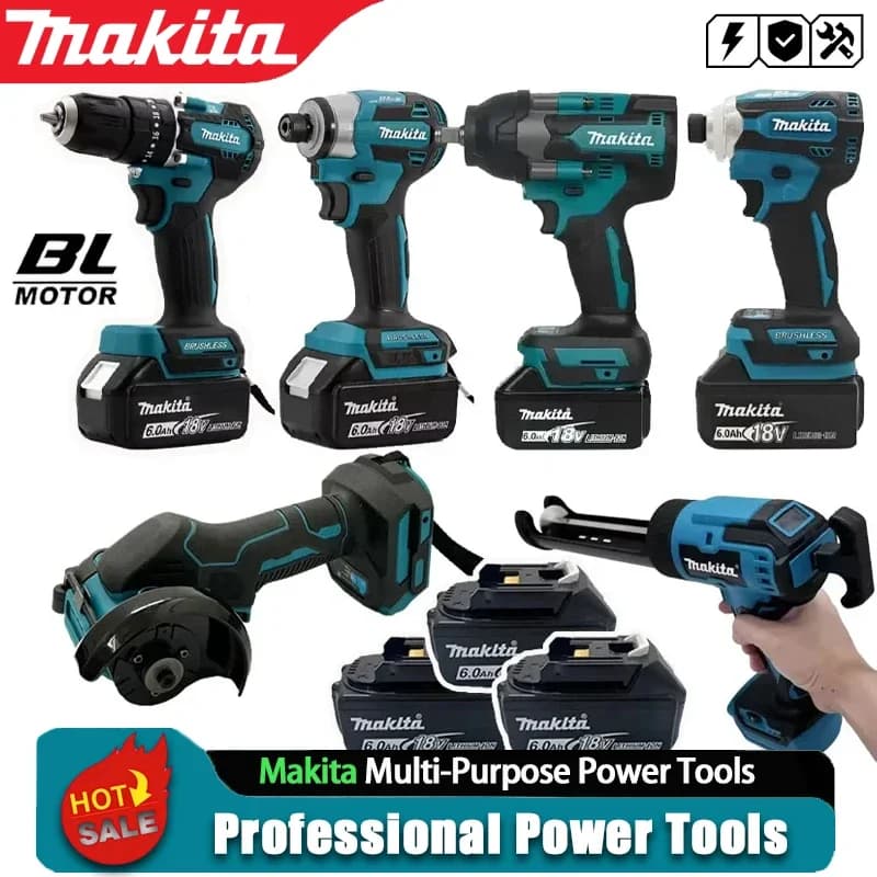 Makita Vari Modelli di Utensili Elettrici Portatili Senza Fili: Pistola Termica, Avvitatore a Impulsi, Cacciavite Ricaricabile, Sega Elettrica Alternativa