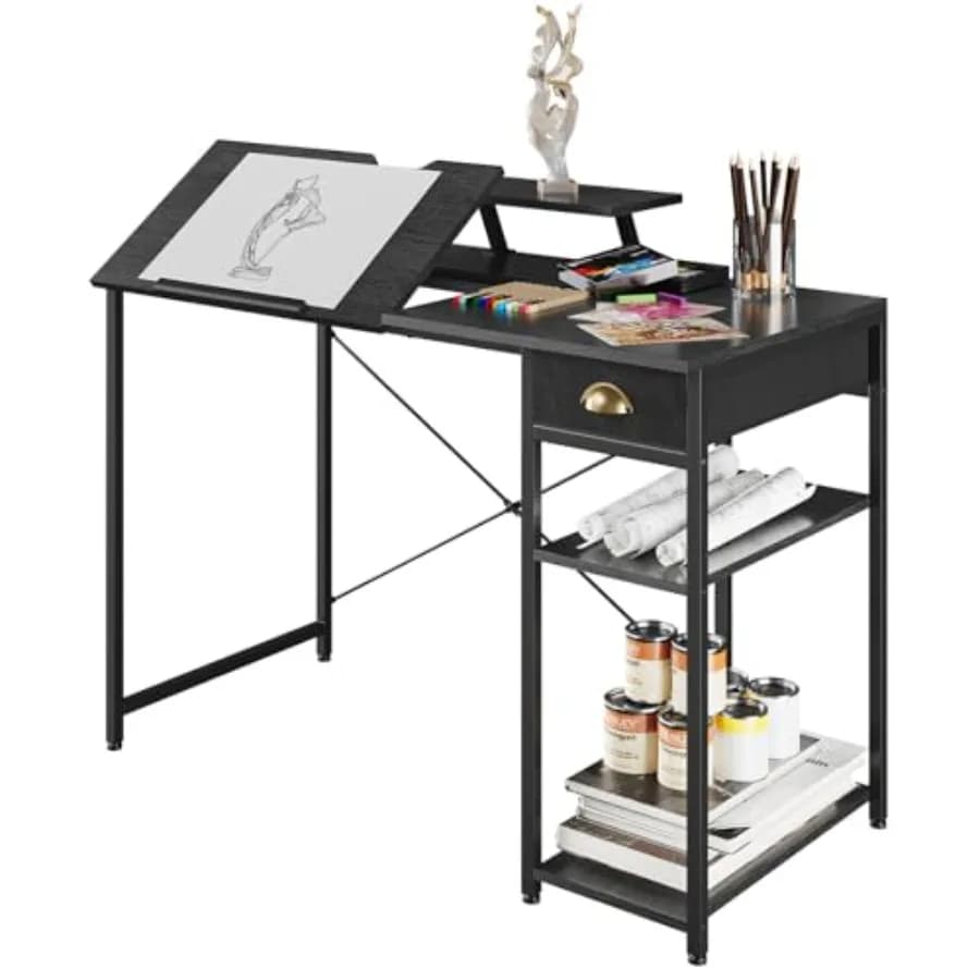 Tavolo da Disegno con Ripiani Portaoggetti e Cassetto, Scrivania Regolabile da 43 Pollici con Supporto per Monitor per Ufficio Domestico, Computer, Tavolo Inclinabile