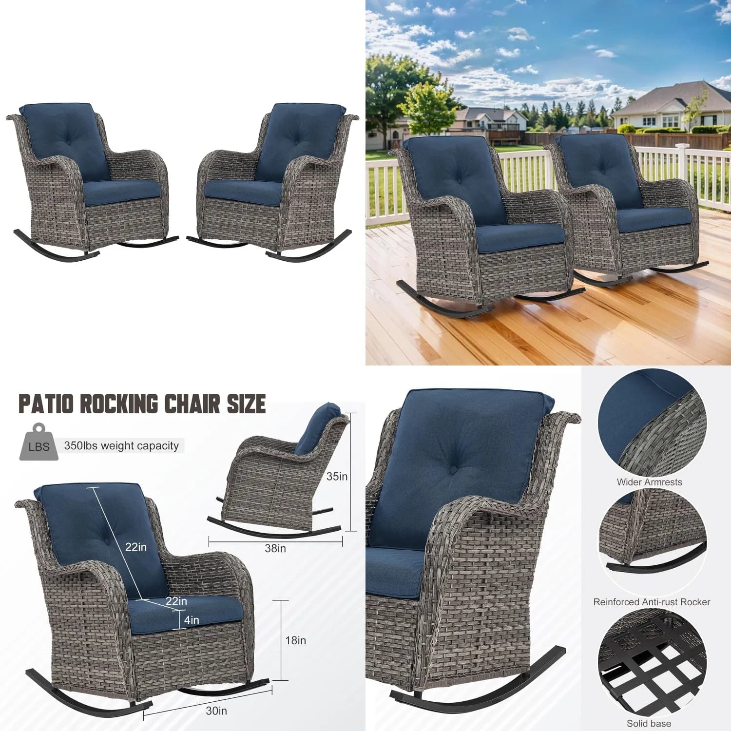 2 sedie a dondolo da patio in vimini grigio con cuscini blu per veranda, terrazza, giardino, personalizzabili