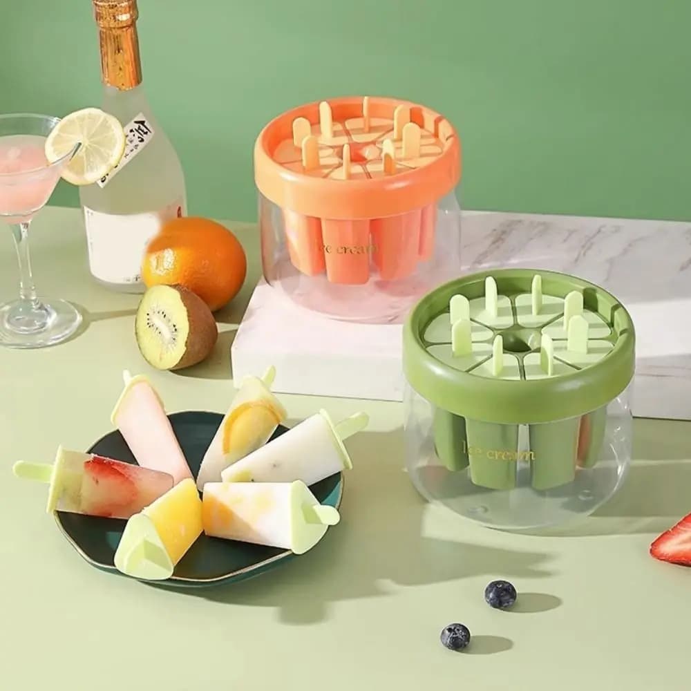 Stampo per gelato in plastica resistente a 8 fori, base trasparente, ecologico, con manico, per ghiaccioli fatti in casa, vassoio per cubetti di ghiaccio, per frullati di frutta per bambini