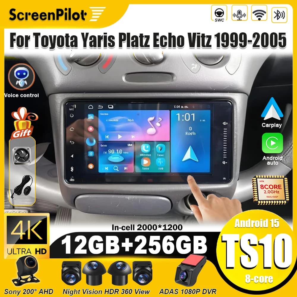 For Toyota Vitz XP10 Yaris Platz Echo Android 16 1999-2005 Multimedia Video Player Carplay Touch Screen RDS 8 Core 5G Wifi DSP