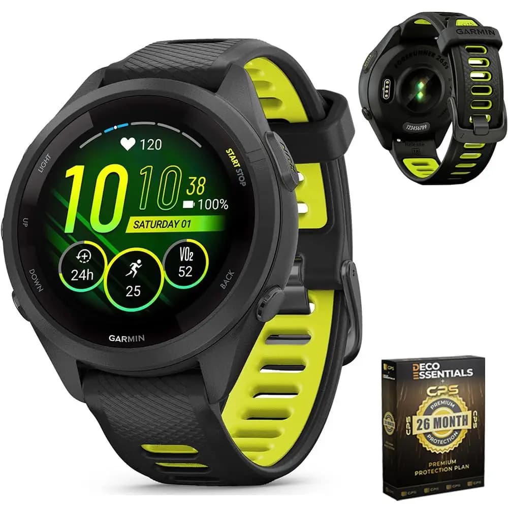 0100281003 Forerunner 265S GPS Smartwatch Black Amp Yellow Bundle with Deco Essentials Exclusive 26 Month CPS Enhanced Protecti