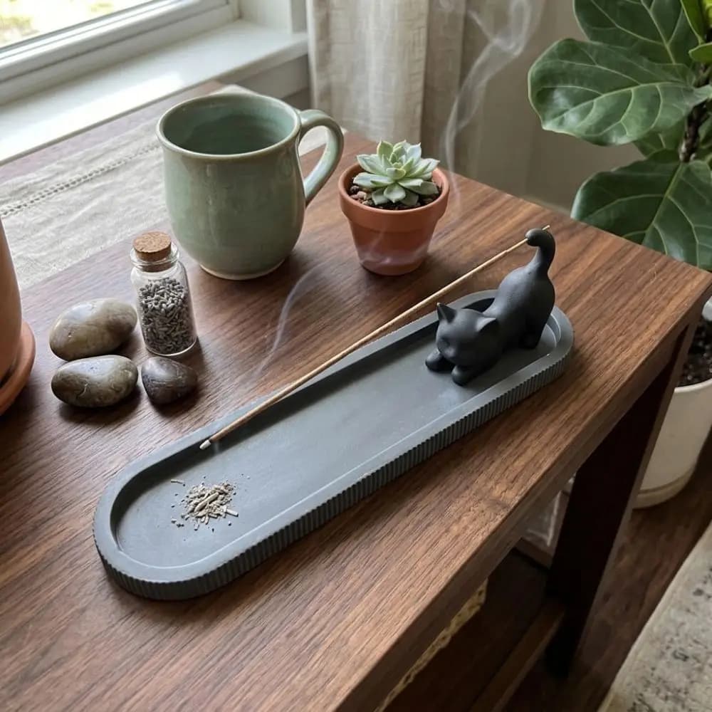 Zen Style Black Cat Incense Stick Holder 3D Printed Mobile Cat Incense Burner with Ash Catcher Funny Animal Line Incense Holder