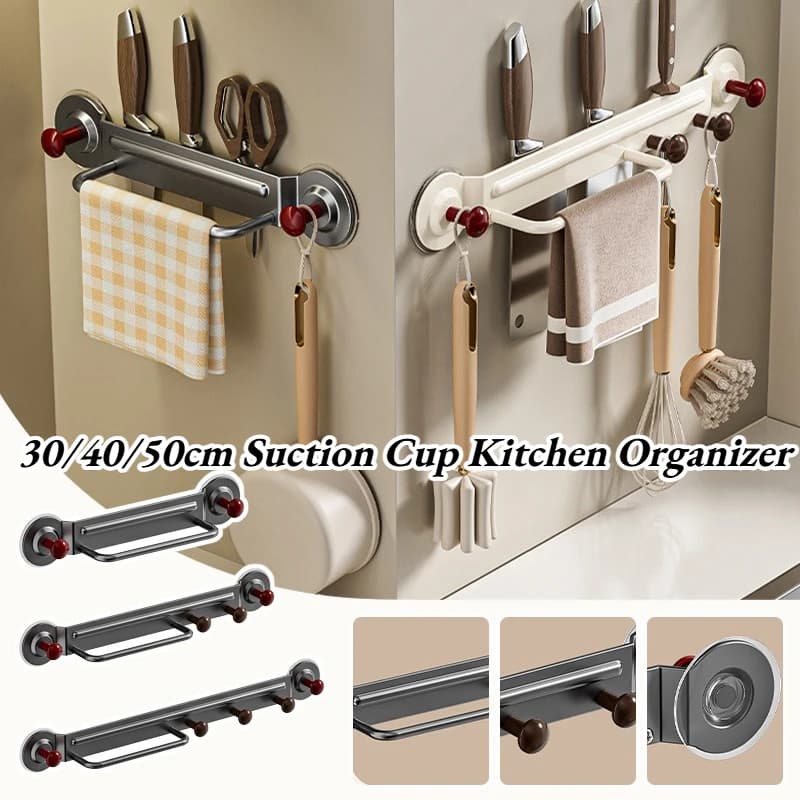 Organizzatore da Cucina a Ventosa 30/40/50cm, Mensola Multifunzionale da Parete con Porta Coltelli, Porta Asciugamani e Porta Forbici