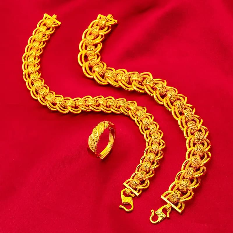 Men's 24K Gold (AU999) Overbearing Watch Chain Bracelet | Faceted links, filigree Taotie motifs with obsidian accents