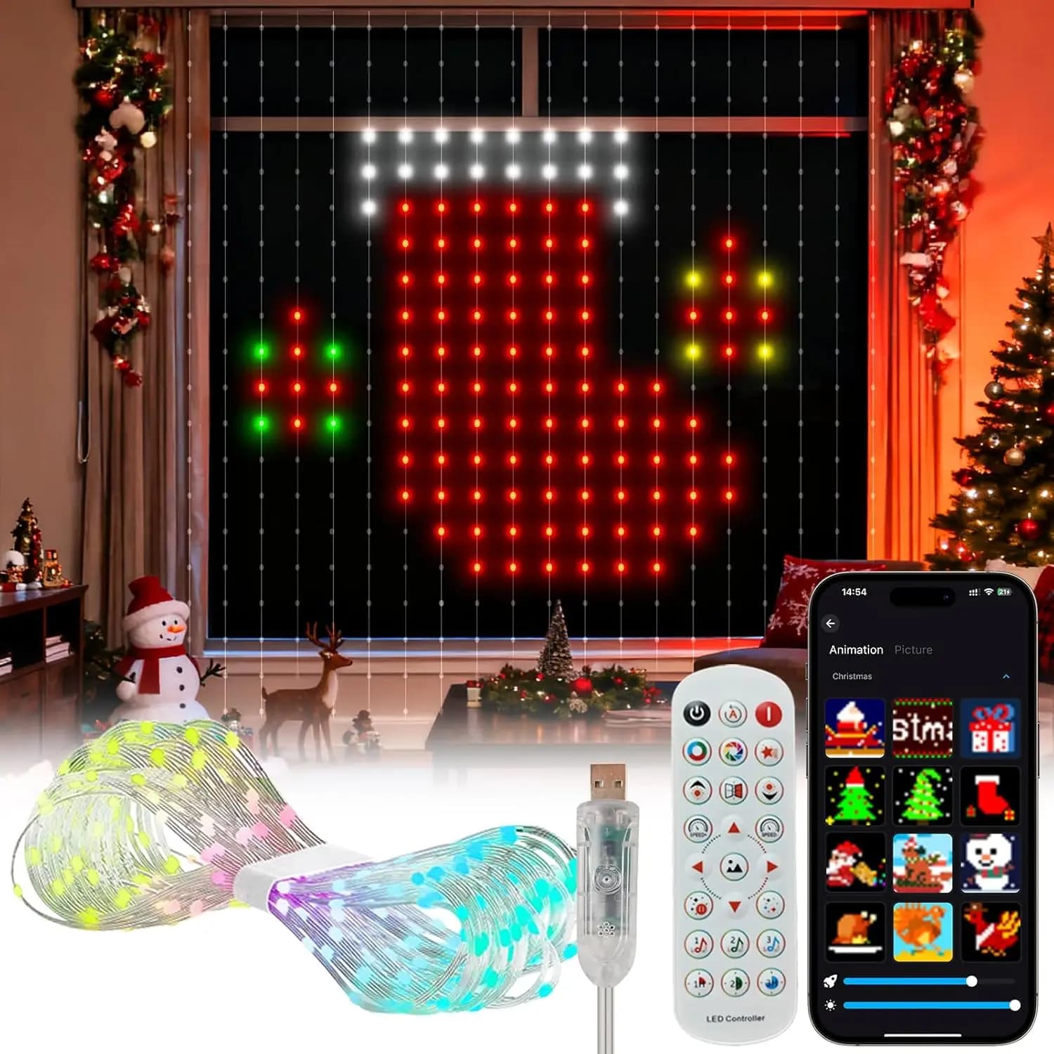 Smart Fairy Curtain String Light Bluetooth APP Control 400 LED Luci natalizie Immagine fai da te Display Ghirlanda Decorazioni per matrimoni per feste