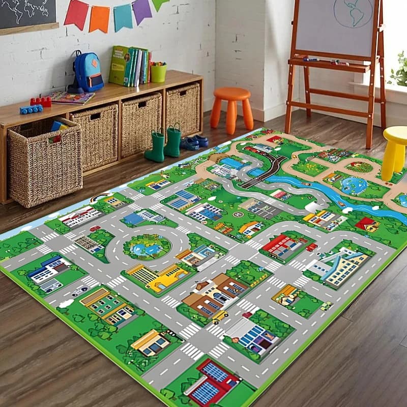 Tappeto da Gioco per Bambini con Tema Autostrada e Traffico Urbano, Tappeti per Bambini con Auto Giocattolo, Tappeti Antiscivolo per Sala Giochi